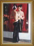 纯手绘写实人体油画系列八-女人体-镜中裸女裙子红帘子玫瑰头花