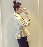 2016春装韩版修身上衣双排扣翻领气质收腰七分袖短款风衣女外套