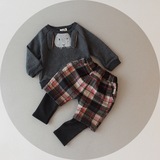 冬装童装新款韩国风男童小童宝宝英伦风格子假两件加绒裤子0-3岁