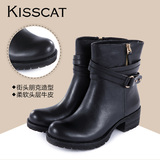 KISSCAT接吻猫 女鞋头层牛皮金属装饰圆头马蹄跟低跟拉链女靴