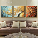 现代客厅手绘油画发财树壁画卧室沙发背景墙三联装饰有框立体油画