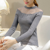 2016新款韩版套头秋季女装拼接蕾丝镂空薄针织衫修身打底衫毛衣女