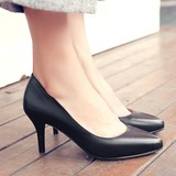 韩版2016秋黑色女式工作鞋真皮尖头高跟单鞋细跟5.5cm职业单鞋
