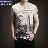 夏装男士韩版短袖T恤男装V领青少年打底衫学生拼色花潮流半袖上衣