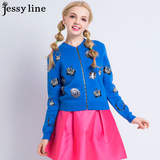 jessy line2016春装新款 杰茜莱甜美百搭印花纯棉针织开衫 女毛衣