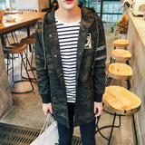 2016秋季新款男装军绿迷彩夹克衫中长款连帽韩版潮流时尚个性外套