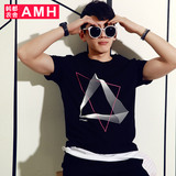AMH男装韩版2016夏装新款几何印花黑色时尚潮牌男士短袖T恤PL5055