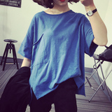 2016夏韩国大口袋不规则纯色竹节棉大码宽松体血衫女版短袖T恤潮
