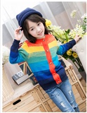 韩国代购女童针织开衫中大童外套儿童彩虹条纹2016新款童装毛衣秋