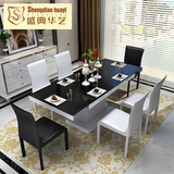 伸缩餐桌现代简约钢化玻璃烤漆餐桌椅组合长方形餐桌餐台饭桌黑色