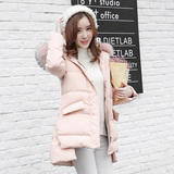 2015冬季韩版新款正品修身貉子大毛领加厚粉色中长款羽绒服女士潮