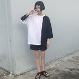 韩国ulzzang夏季新款原宿风BF黑白撞色拼接宽松七分袖T恤女学生