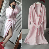 外贸原单条纹粉色珊瑚绒男女情侣浴袍冬季加厚长款居家睡袍大码