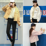 2016韩版新款学院风百搭长袖宽松短款翻领纯色工装小外套女学生潮