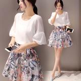 2016夏季新款韩版套装裙气质女修身印花雪纺短袖圆领连衣裙两件套