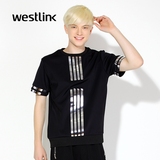 Westlink西遇2016春季新款 男士金属条拼接宽松圆领套头短袖卫衣