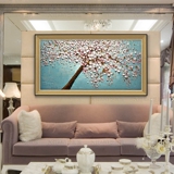 热销精选纯手绘欧式客厅沙发背景墙有框挂画白色花朵发财树油画