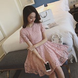 2016春夏季新款韩版性感女装修身显瘦大摆蕾丝镂空花边短袖连衣裙