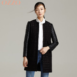 OZZO/欧尼迩修身拼接圆领大衣女 中长款 时尚黑色修身毛呢外套