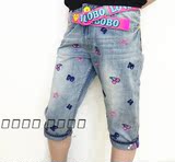香港专柜代购 2015夏季新款 LALABOBO休闲中腰刺绣樱桃牛仔七分裤
