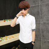夏季潮流男士修身男版中袖寸衫青少年五分袖衬衣韩版显瘦短袖衬衫