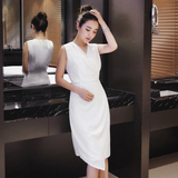 白色雪纺连衣裙2016夏季新款韩版仙中长款无袖V领修身不对称中裙