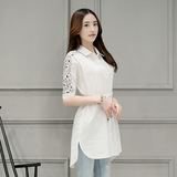 2016夏新款韩版修身白衬衫收腰显瘦中长款打底蕾丝拼接短袖衬衣女