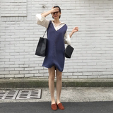 油画家 韩系chic 复古小众款 V领明线设计纯色百搭背带连衣裙