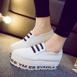 夏秋新款韩版女式学院欧美平底厚底高跟学生鞋女鞋单鞋字母帆布鞋