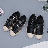 2016夏季新款韩版潮镜面黑色女平底板鞋魔术贴漆皮学生运动休闲鞋