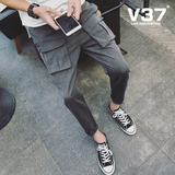 V37夏季新款男士九分裤休闲裤修身小脚裤青年工装裤韩版潮男裤子