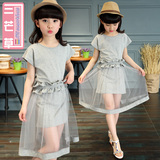 2016夏季新款儿童装女童韩版短袖中长款网纱裙子两件套装中大童潮