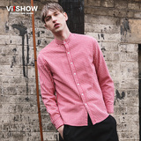 viishow2016春装新款长袖衬衫 欧美街头衬衣男 修身红白格子衬衫