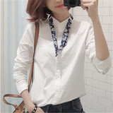 C801 韩国代购都市必备半高领领结2016春季新款长袖白衬衫女
