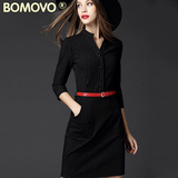 Bomovo2016春装新品女装条纹格子V领七分袖一步连衣裙OL气质中裙