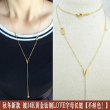 韩国流行饰品钛钢镀14K黄金色LOVE字母吊坠长款项链 女式细毛衣链