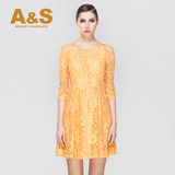 A&S安秀专柜正品2015春装甜美修身纯色中袖蕾丝连衣裙 E411030