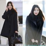她很漂亮IU李智恩机场同款黑色皮革羊毛呢大衣毛外套 送优惠卷