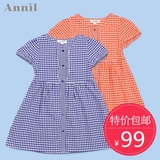 安奈儿女童装夏季新款专柜正品纯棉细格子短袖连衣裙AG523328