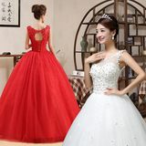 2016新款韩版双肩红色花朵修身绑带新娘结婚齐地婚纱白色拖尾批发