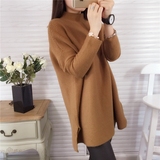 2015秋装新款韩版下摆开叉半高领宽松套头针织衫中长款长袖毛衣女