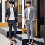 夏季韩版修身型薄款格子七分短袖西服套装青年帅气新郎伴郎礼服男