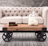 方形小茶桌小户型家具创意茶桌椅组合美式复古客厅茶几实木带轮长