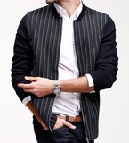 香港代购ZARA春季新款男士立领修身撞色条纹针织开衫休闲外套男装