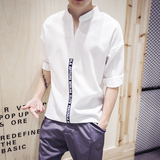 夏季男士短袖衬衫韩版修身发型师七分袖衬衣休闲青少年潮男薄衣服