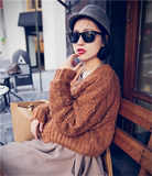 韩国粗线春秋外套女短款冬外套高腰宽松毛衣针织开衫针织衫纯色