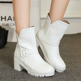 靴子女春秋短靴高跟粗跟女靴韩版时尚春季单靴防滑底休闲鞋子白色