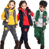 2014新款韩版男童女童秋冬季儿童套装 中大童加绒加厚卫衣三件套