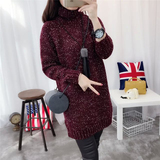 2015新品韩版女装冬季高领毛衣雪花点开叉中长款针织打底衫女加厚