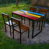 复古餐桌椅组合铁艺个性休闲创意实木彩色奶茶甜品店长条桌子